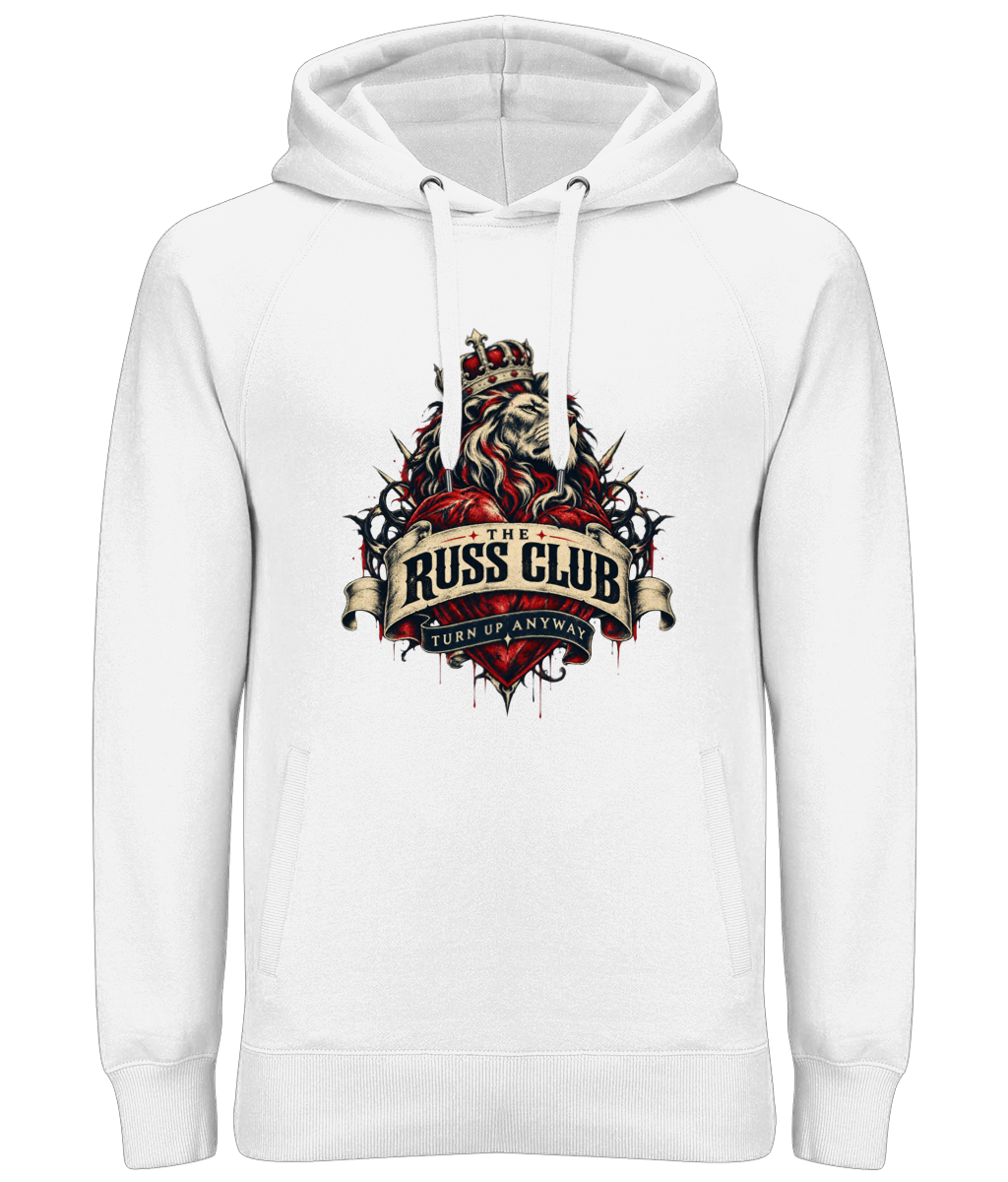 Turn Up Anyway crowned lion heavy hoodie in White – front artwork