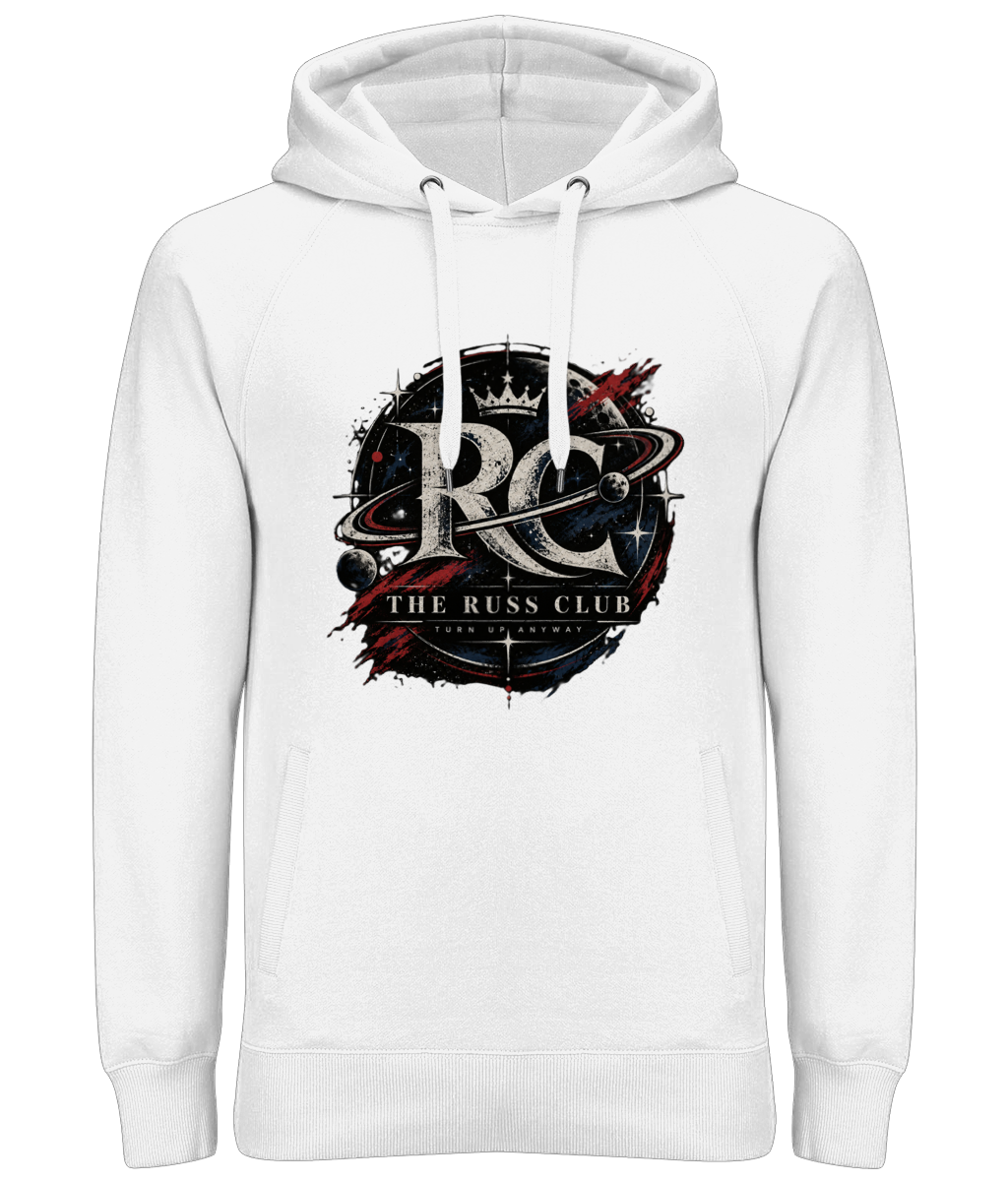 Turn Up Anyway cosmic RC monogram heavy hoodie in White – front artwork