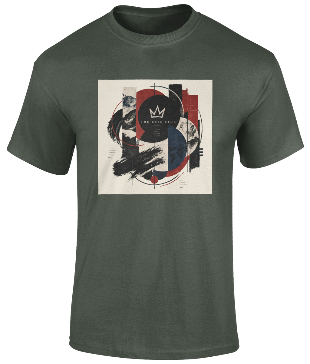 Abstract Russ Club crown graphic heavyweight T-shirt in Military Green – front artwork