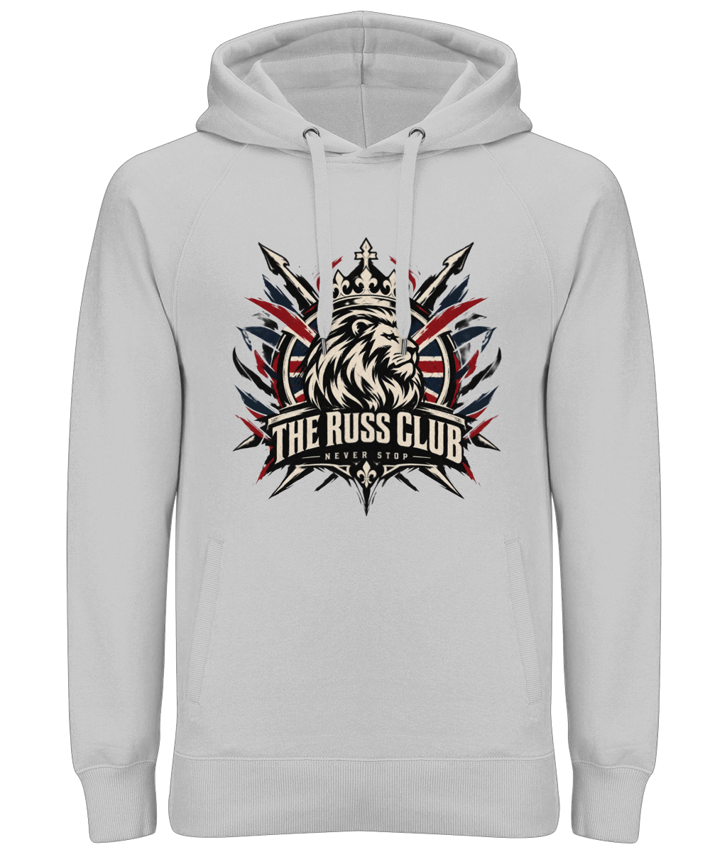 Never Stop British crowned lion heavy hoodie in Heather Grey – front artwork