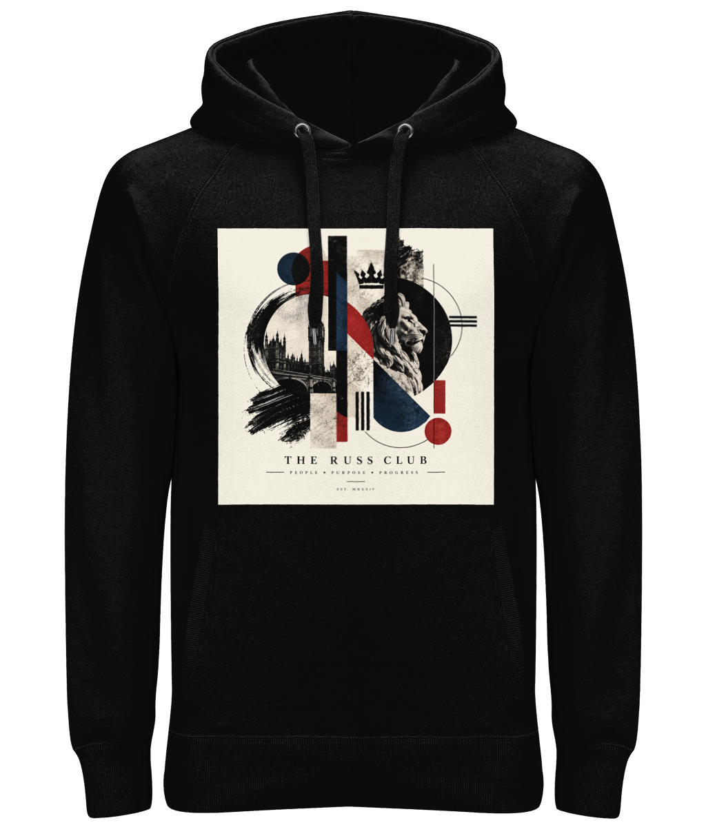London lion and landmark collage heavy hoodie in Black – front artwork
