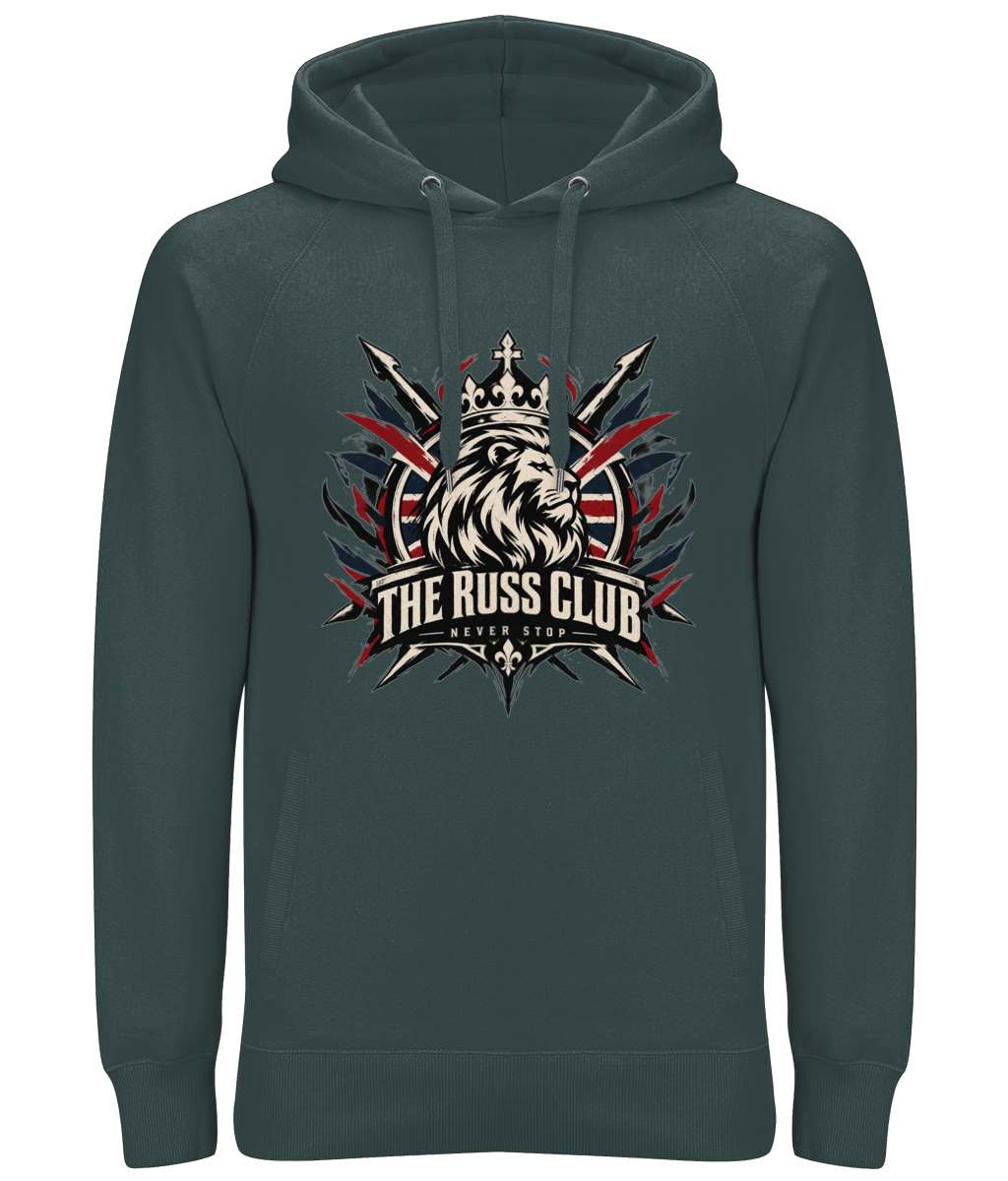 Never Stop British crowned lion heavy hoodie in Charcoal – front artwork