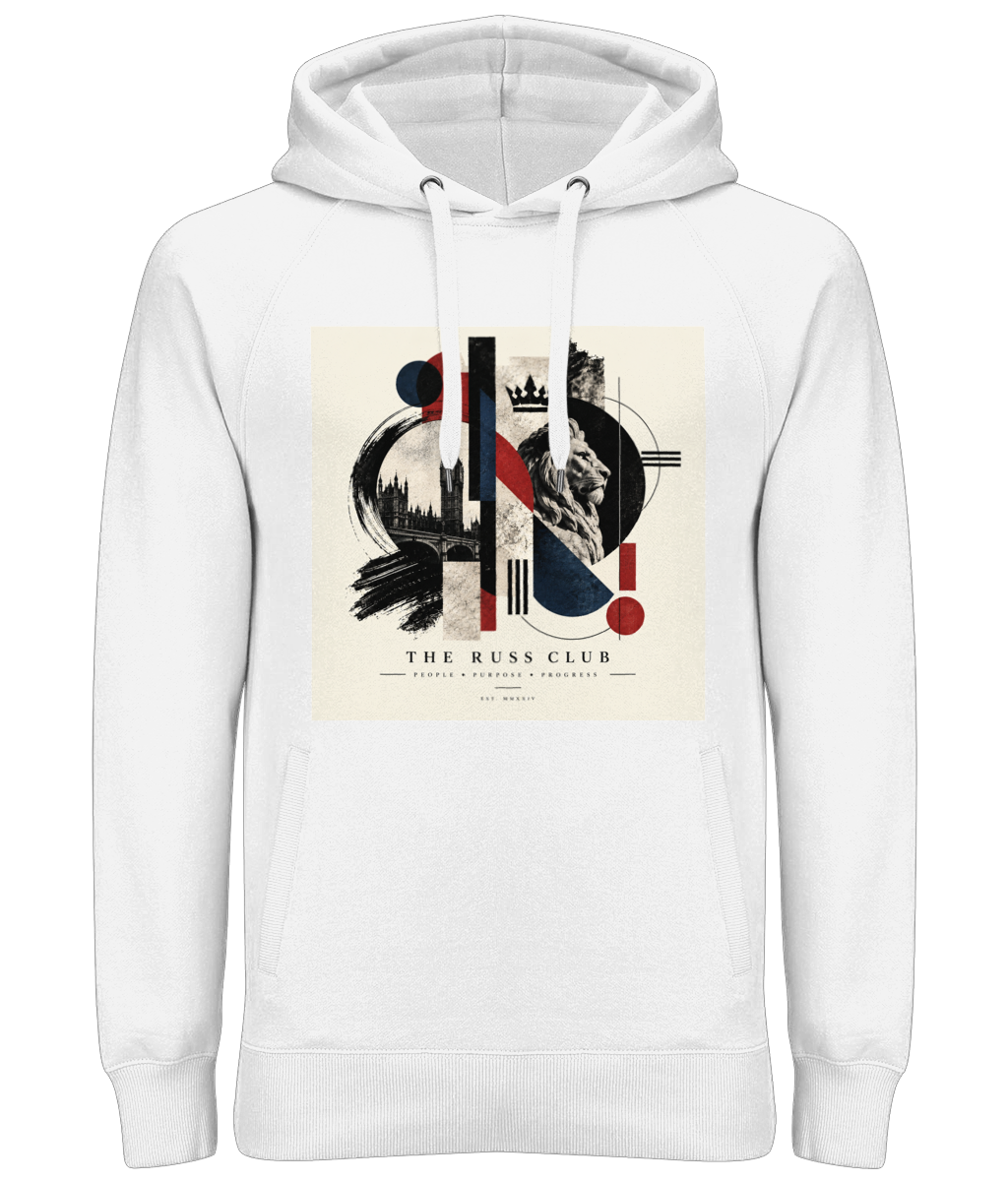 London lion and landmark collage heavy hoodie in White – front artwork