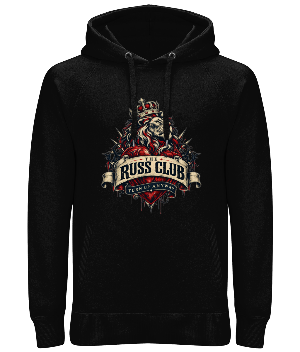 Turn Up Anyway crowned lion heavy hoodie in Black – front artwork