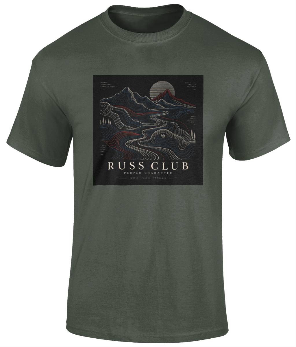 Proper Character topographic landscape heavyweight T-shirt in Military Green – front artwork