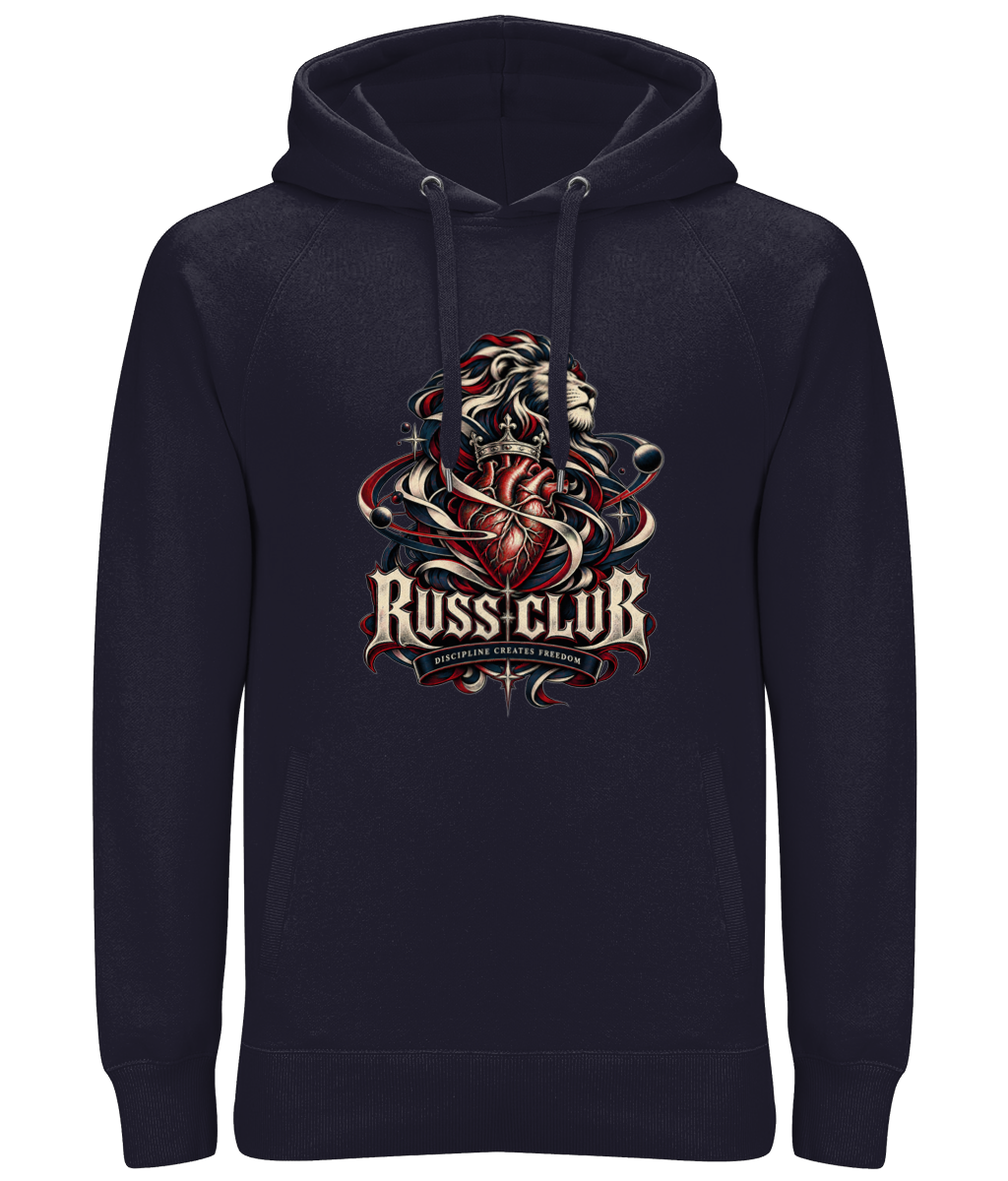 Discipline Creates Freedom heart and lion heavy hoodie in Navy – front artwork