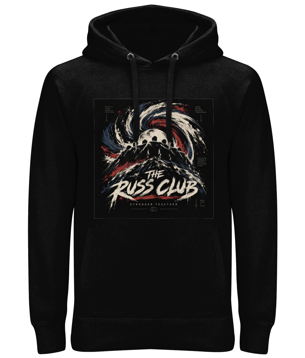 Stronger Together mountain heavy hoodie in Black – front artwork