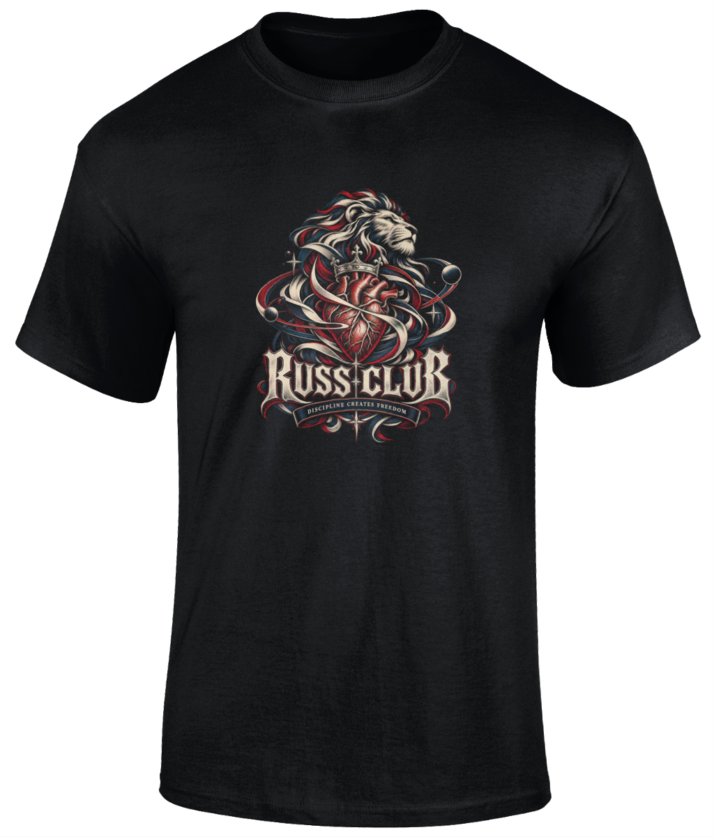 Discipline Creates Freedom heart and lion heavyweight T-shirt in Black – front artwork