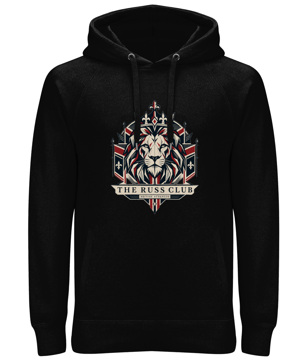British Strength geometric lion heavy hoodie in Black – front artwork