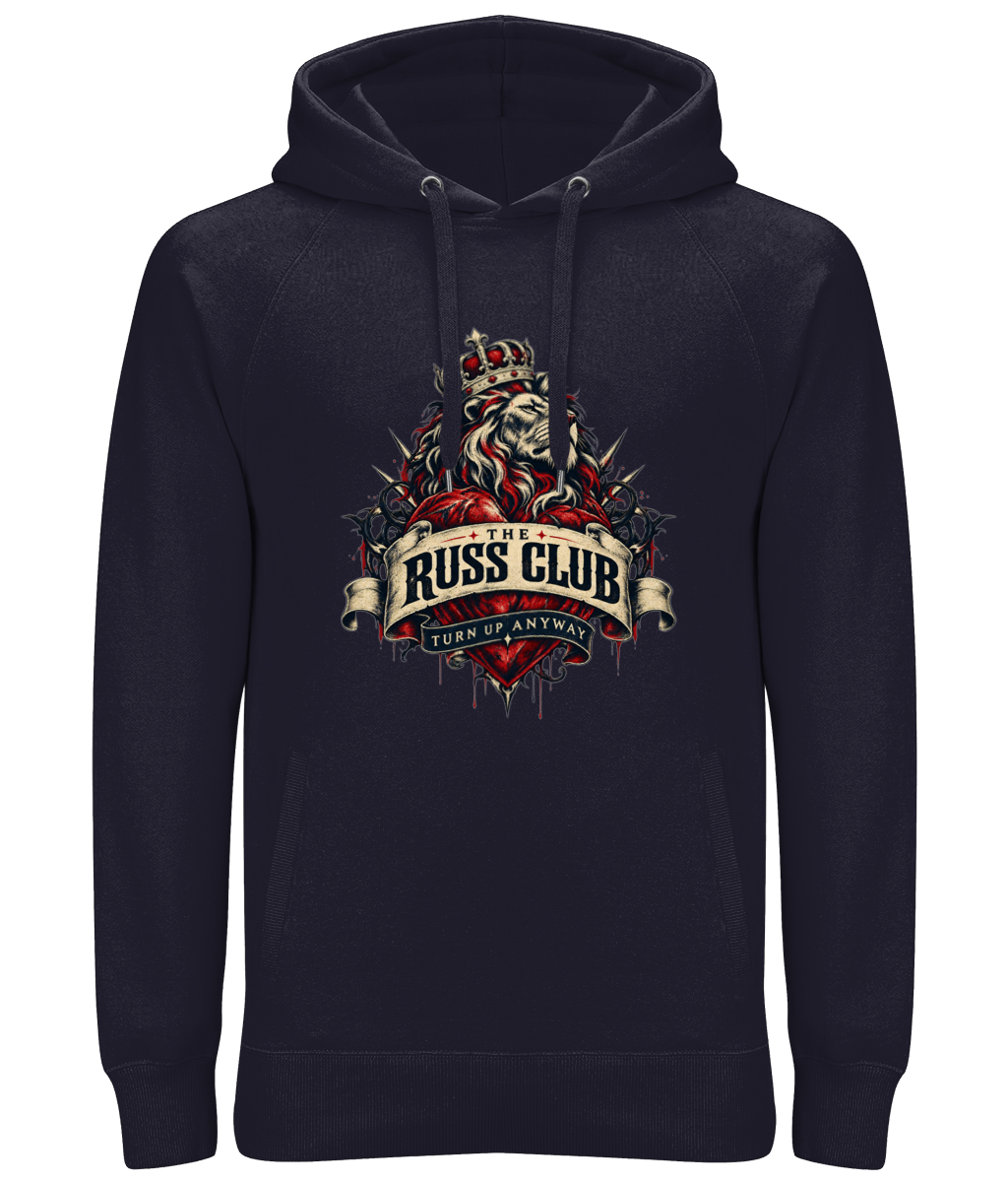 Turn Up Anyway crowned lion heavy hoodie in Navy – front artwork