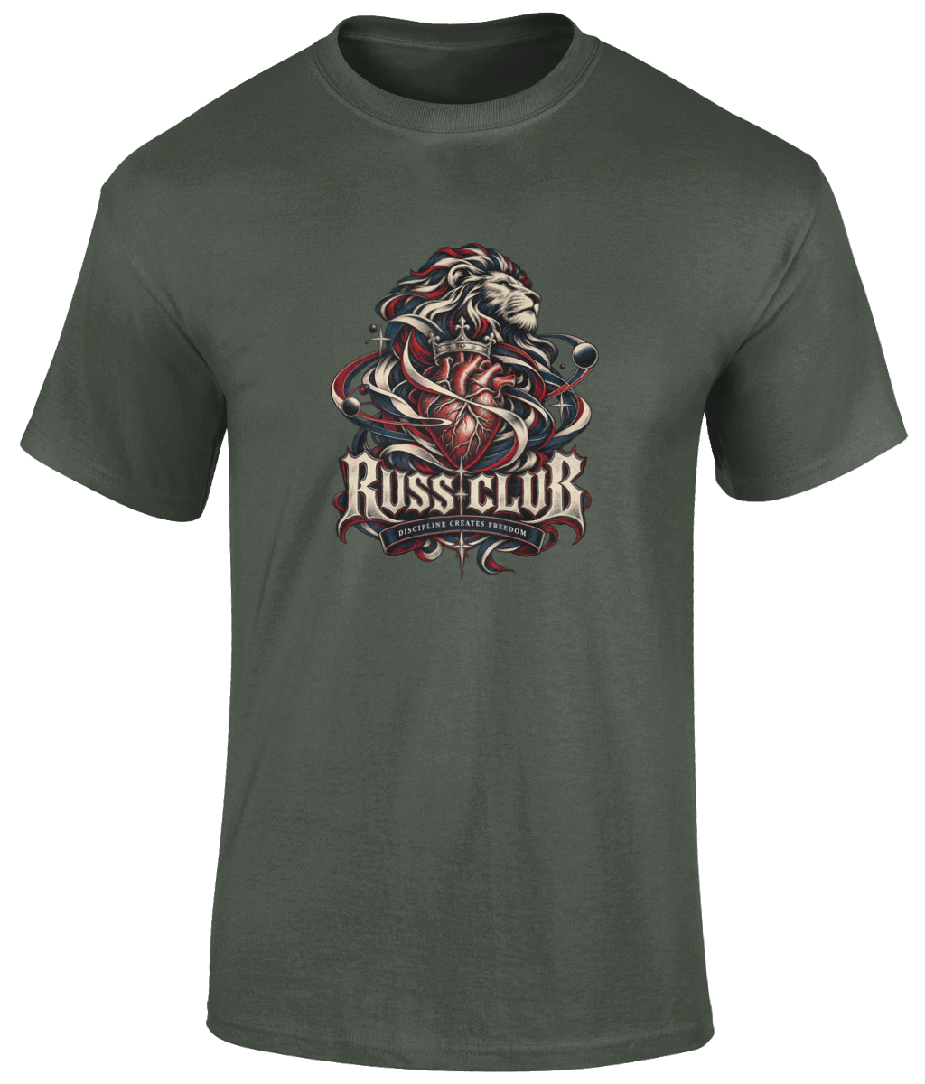 Discipline Creates Freedom heart and lion heavyweight T-shirt in Military Green – front artwork