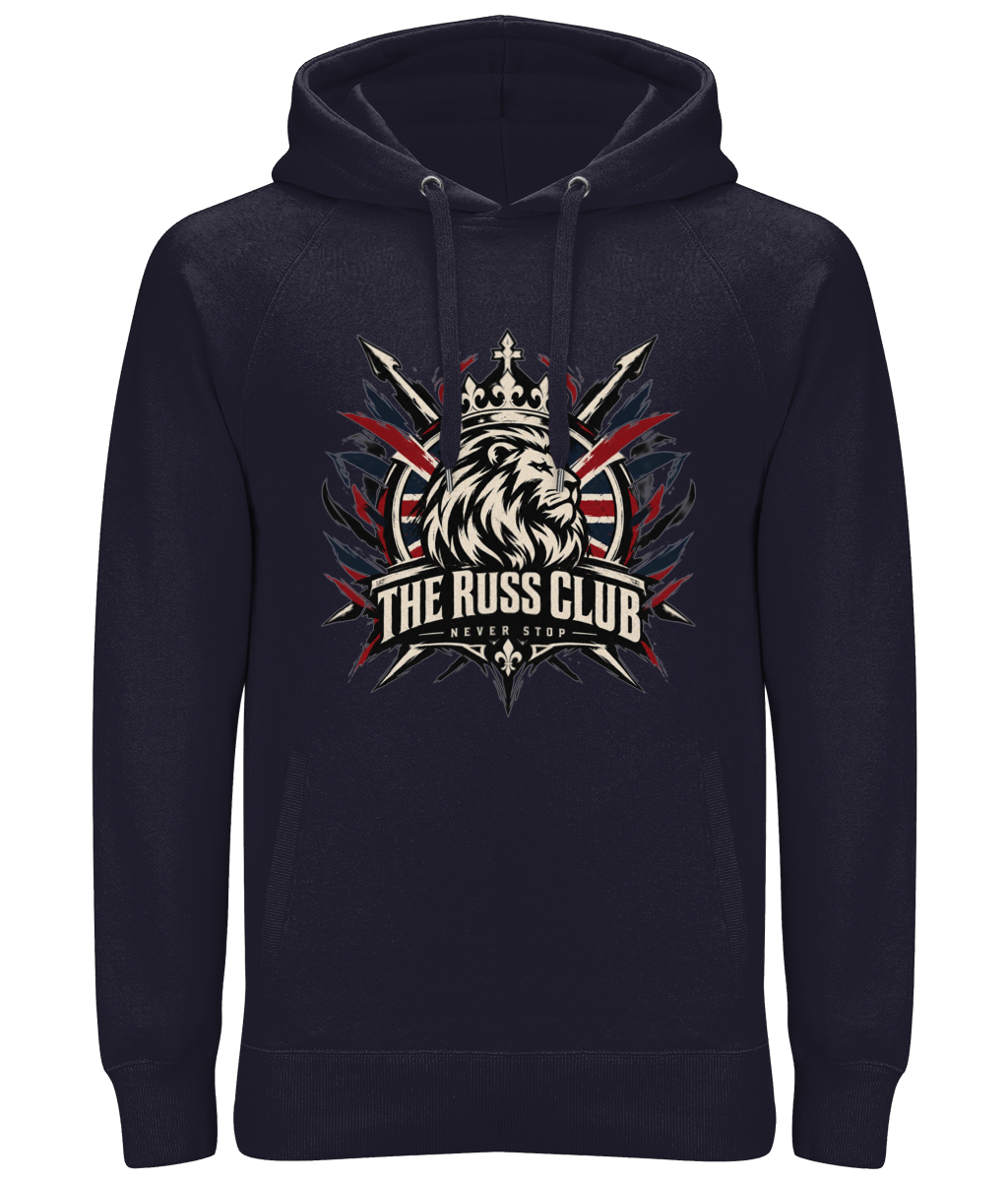 Never Stop British crowned lion heavy hoodie in Navy – front artwork