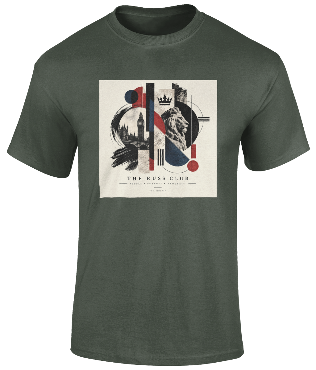 London lion and landmark collage heavyweight T-shirt in Military Green – front artwork