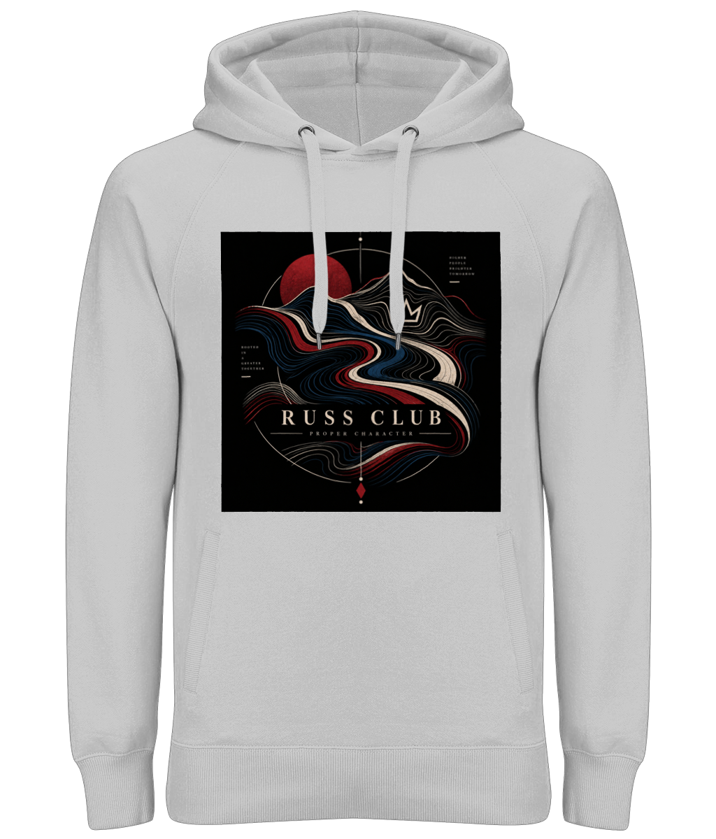 Proper Character river and sun heavy hoodie in Heather Grey – front artwork