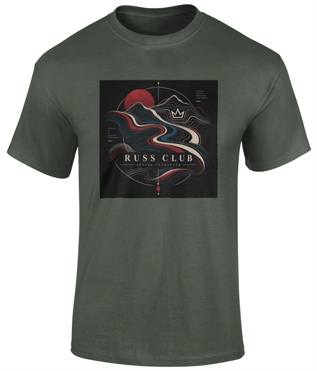 Proper Character river and sun heavyweight T-shirt in Military Green – front artwork