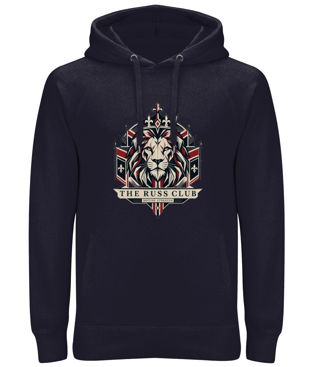 British Strength geometric lion heavy hoodie in Navy – front artwork
