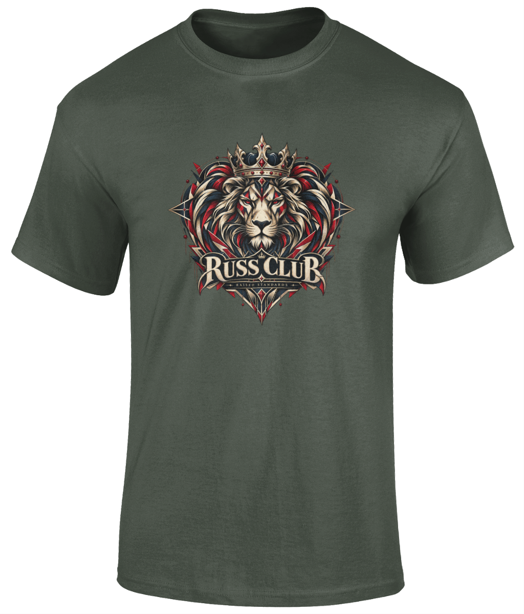 Raised Standards crowned lion heavyweight T-shirt in Military Green – front artwork