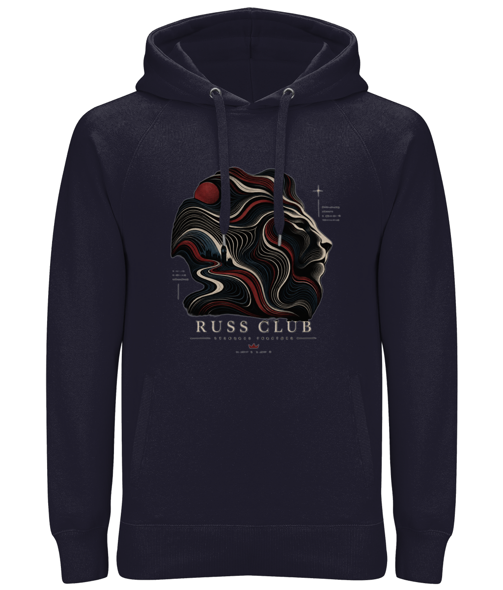 Topographic lion graphic heavy hoodie in Navy – front artwork