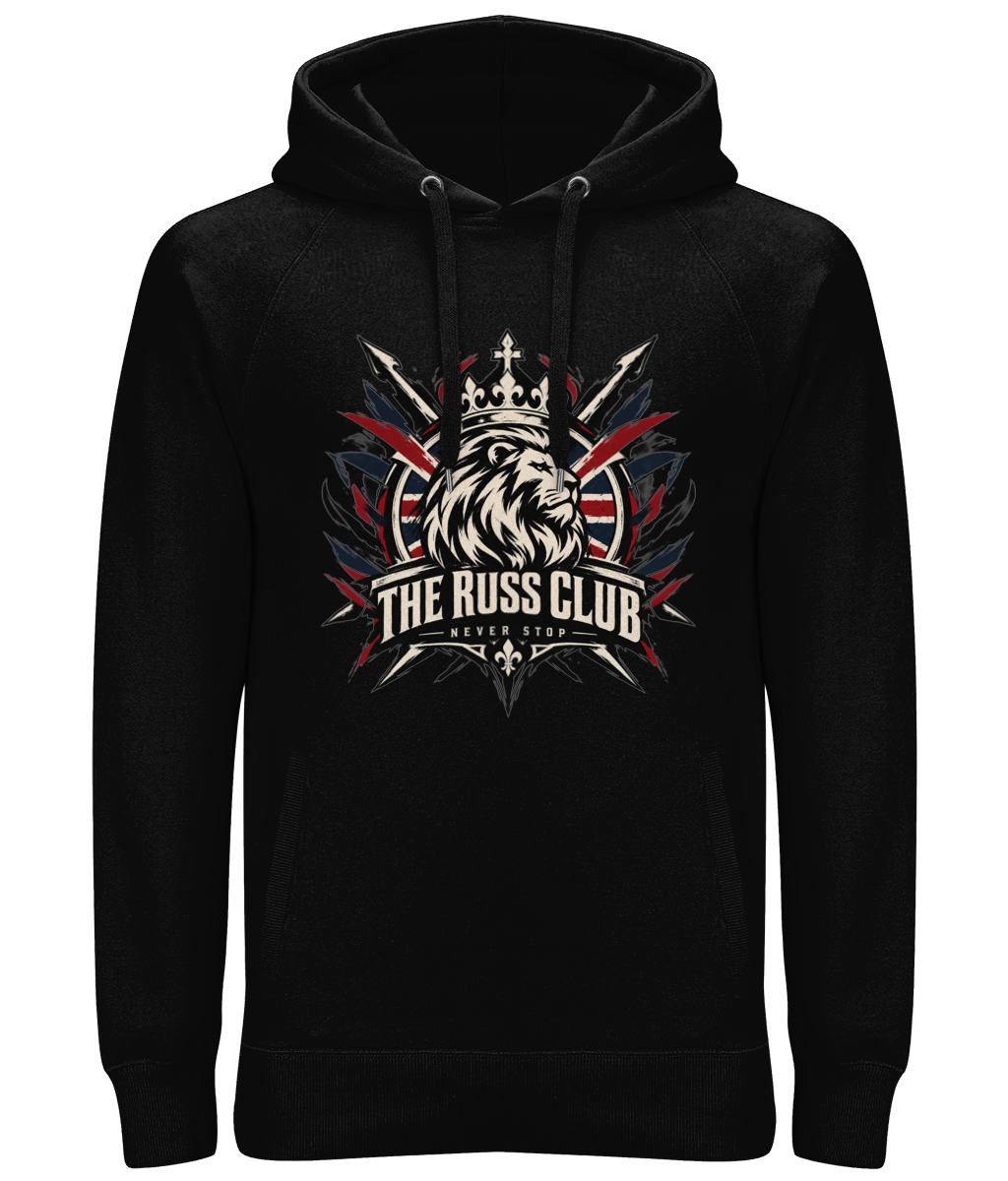Never Stop British crowned lion heavy hoodie in Black – front artwork