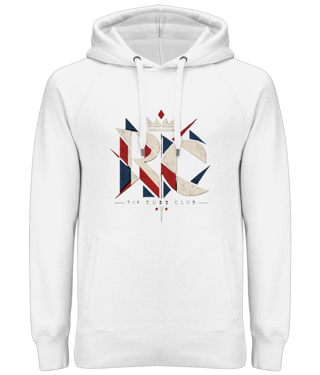 Geometric RC monogram heavy hoodie in White – front artwork