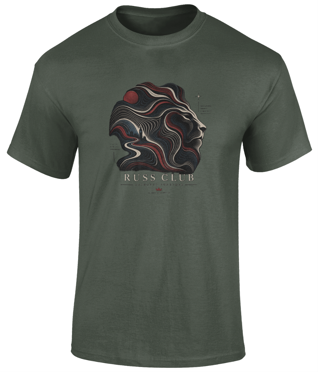 Topographic lion graphic heavyweight T-shirt in Military Green – front artwork