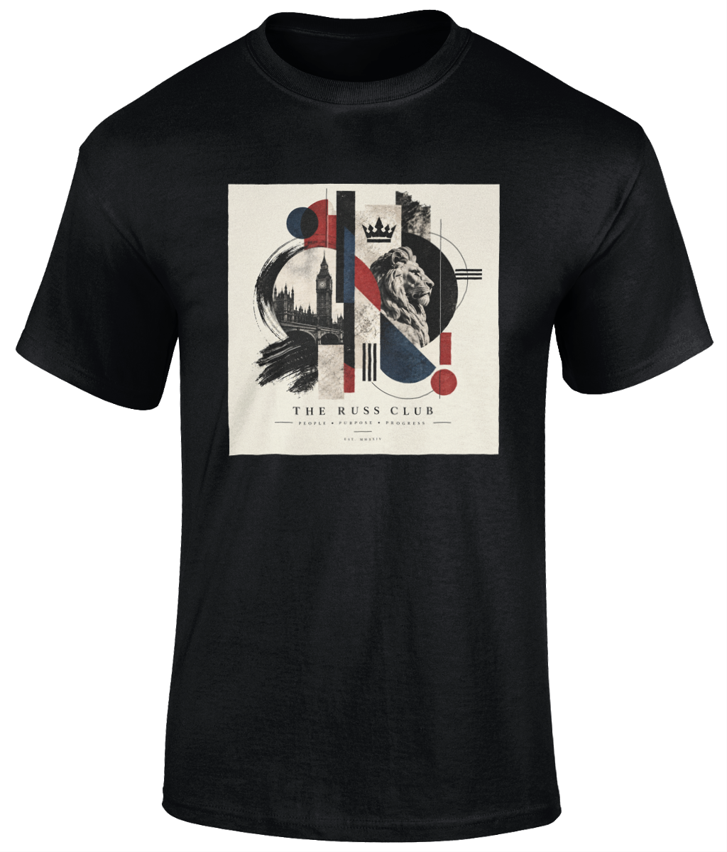 London lion and landmark collage heavyweight T-shirt in Black – front artwork