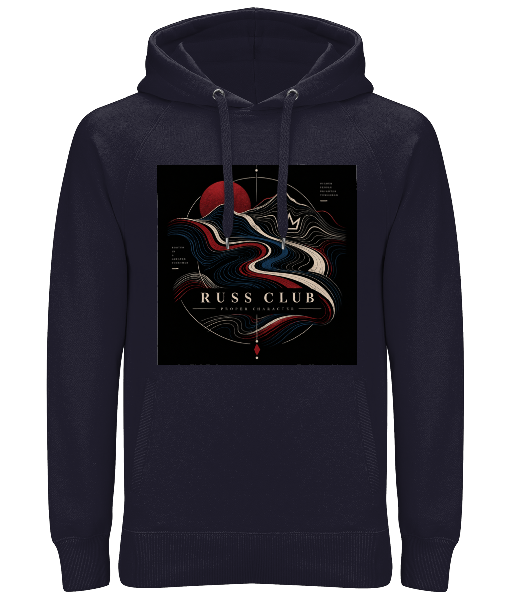 Proper Character river and sun heavy hoodie in Navy – front artwork