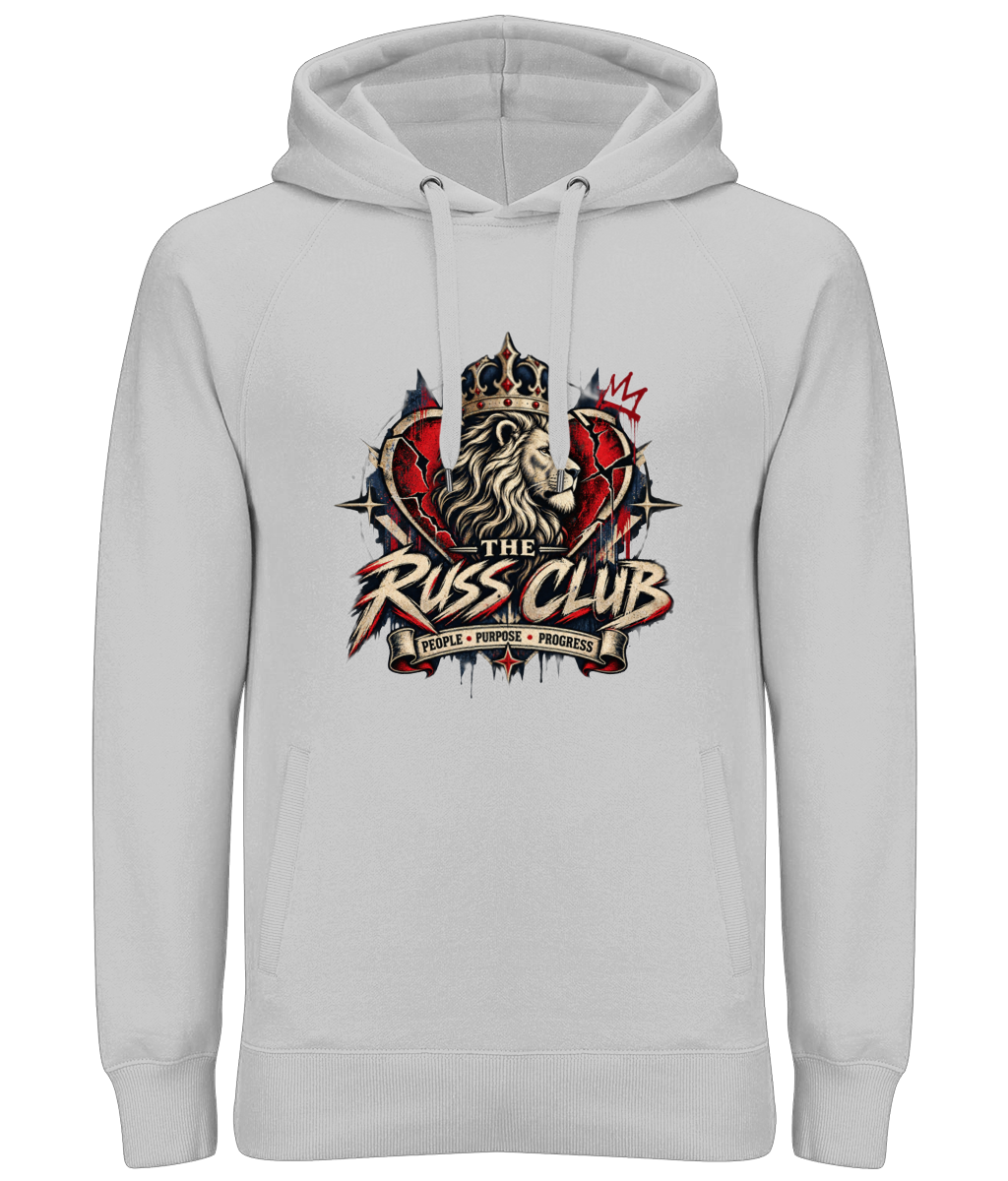 People Purpose Progress crowned lion heavy hoodie in Heather Grey – front artwork