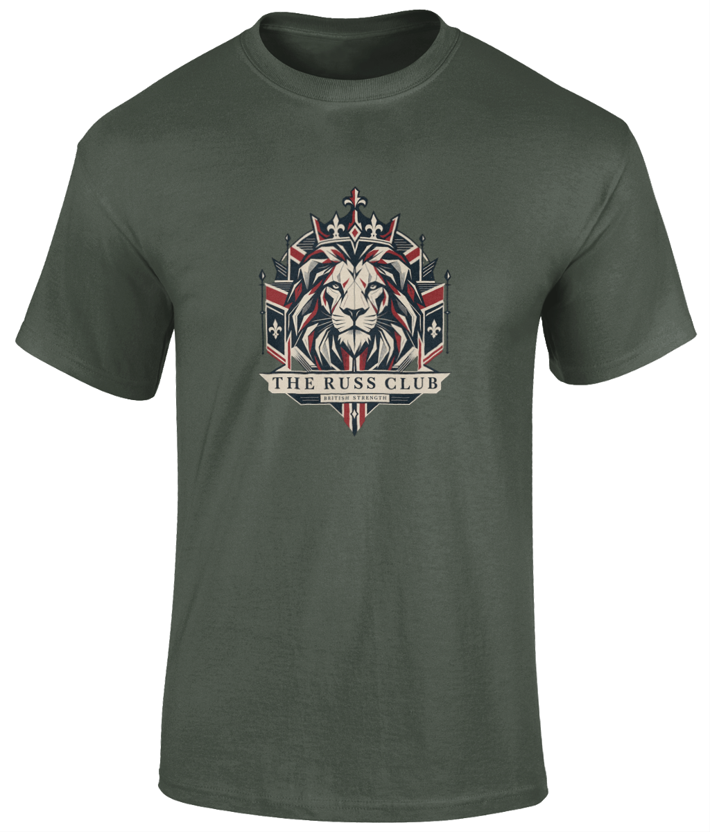 British Strength geometric lion heavyweight T-shirt in Military Green – front artwork