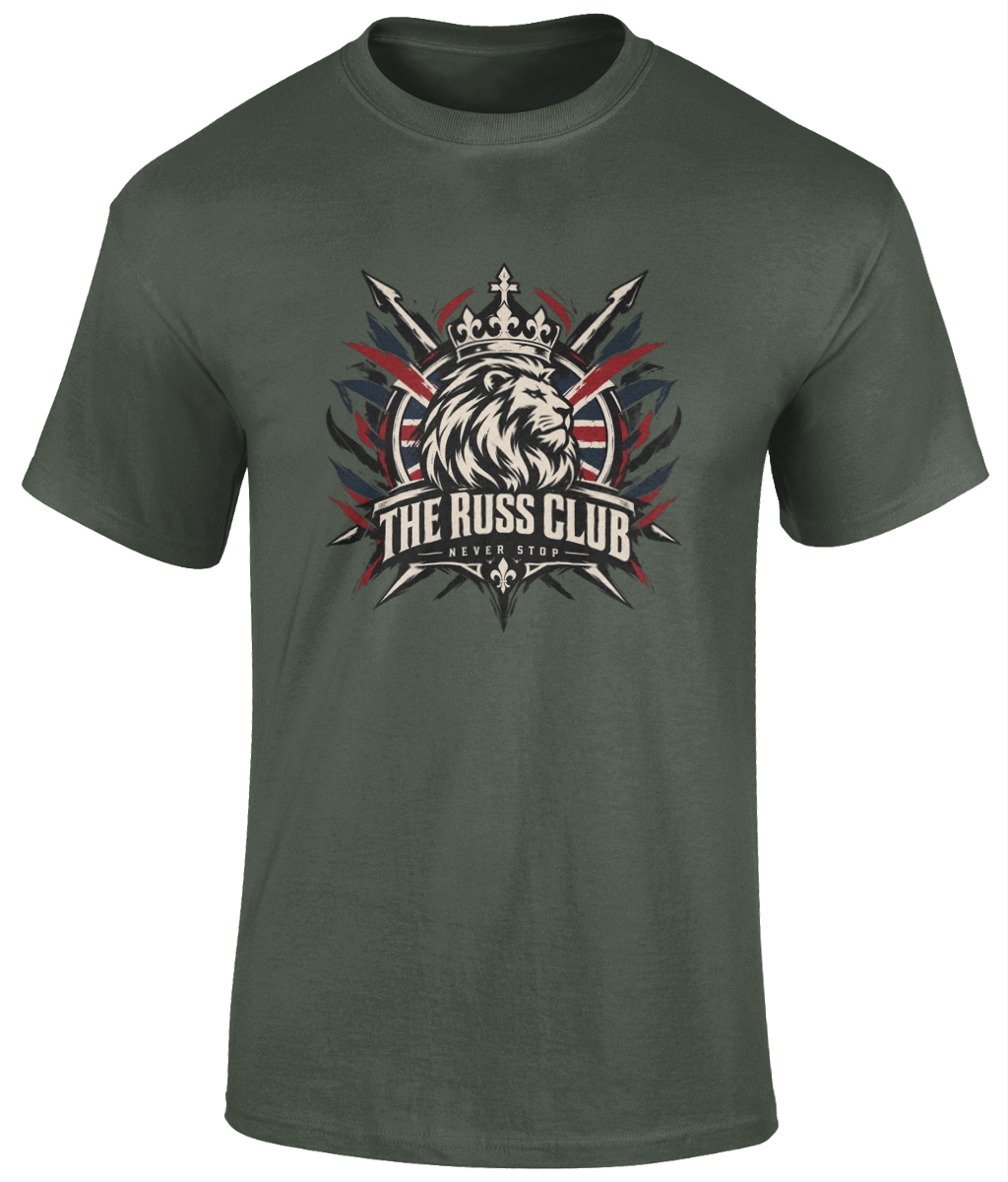 Never Stop British crowned lion heavyweight T-shirt in Military Green – front artwork