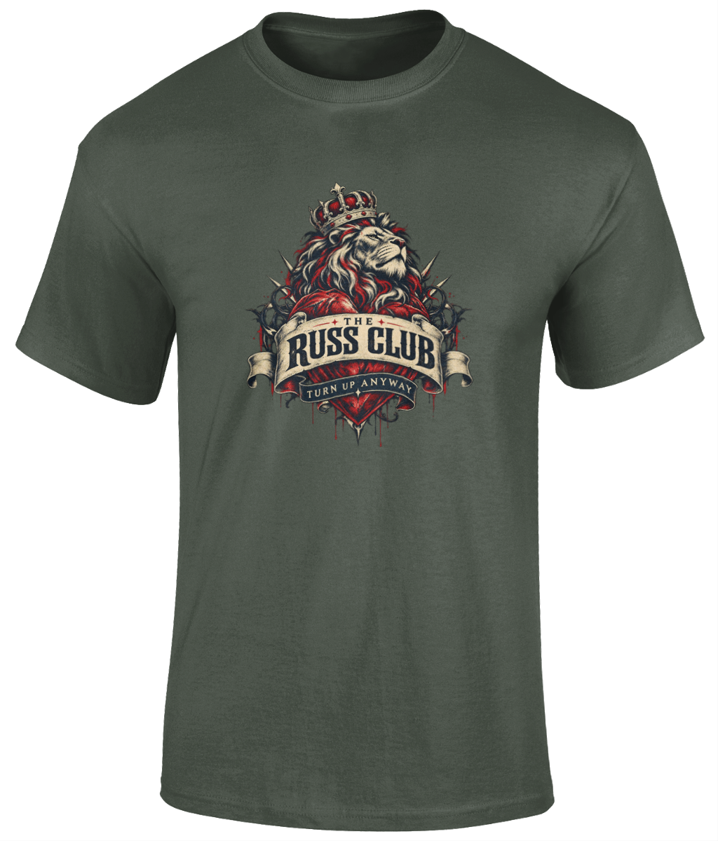 Turn Up Anyway crowned lion heavyweight T-shirt in Military Green – front artwork