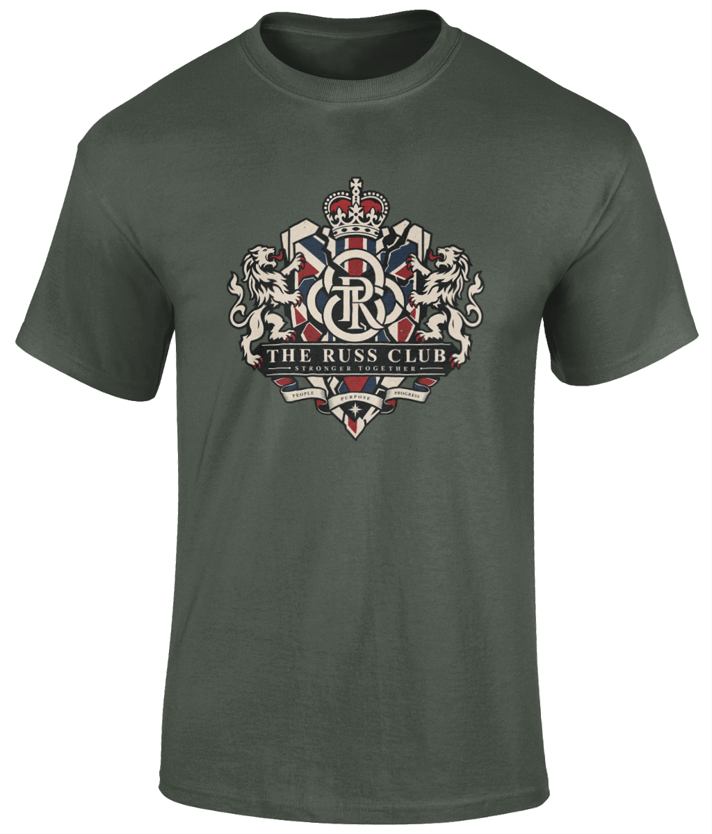 Stronger Together British heritage crest heavyweight T-shirt in Military Green – front artwork