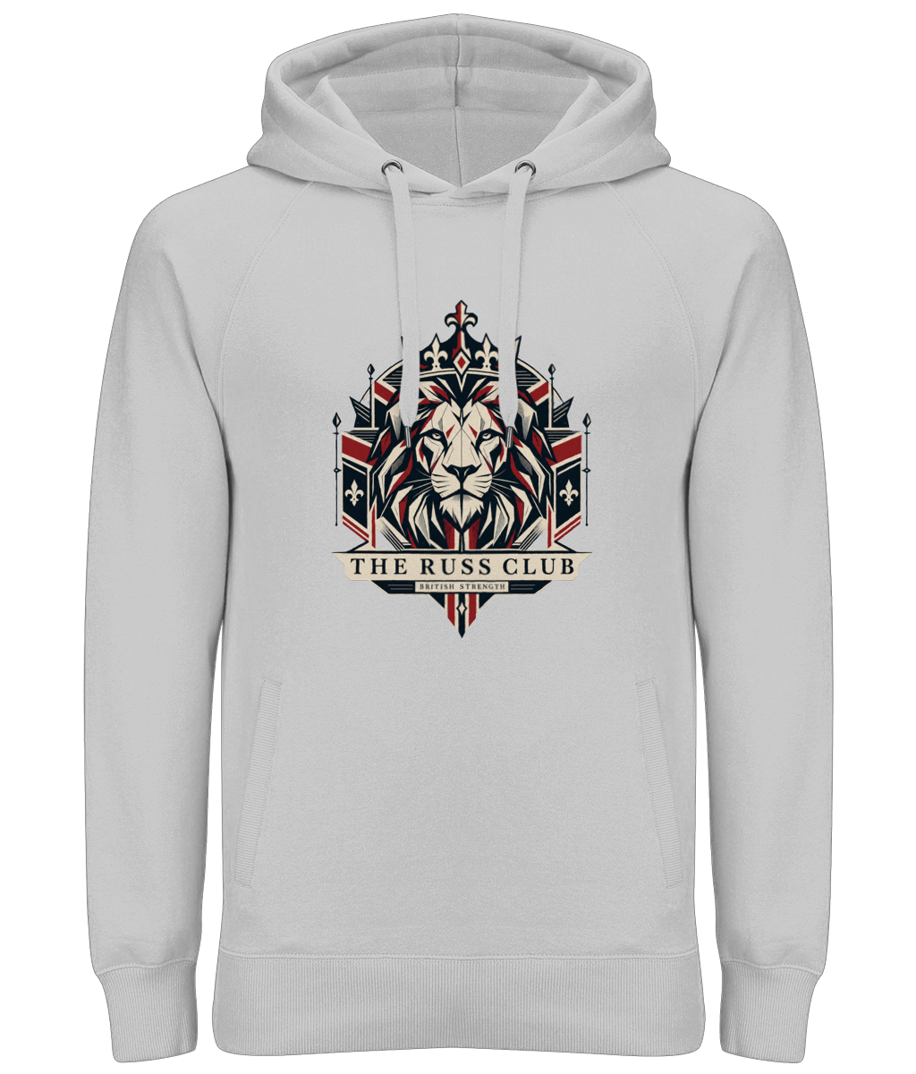 British Strength geometric lion heavy hoodie in Heather Grey – front artwork