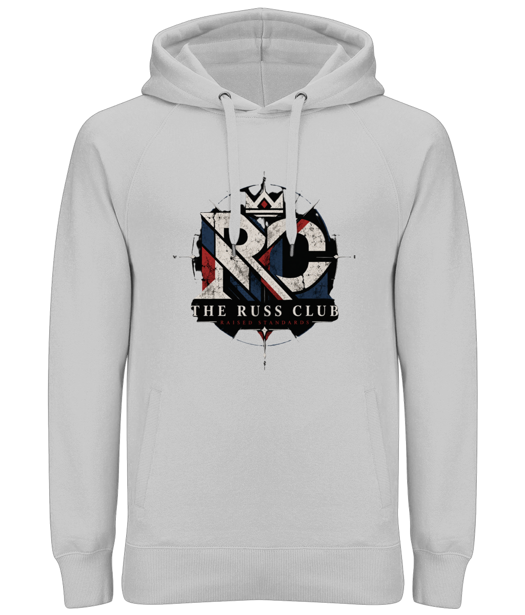 Raised Standards RC monogram heavy hoodie in Heather Grey – front artwork