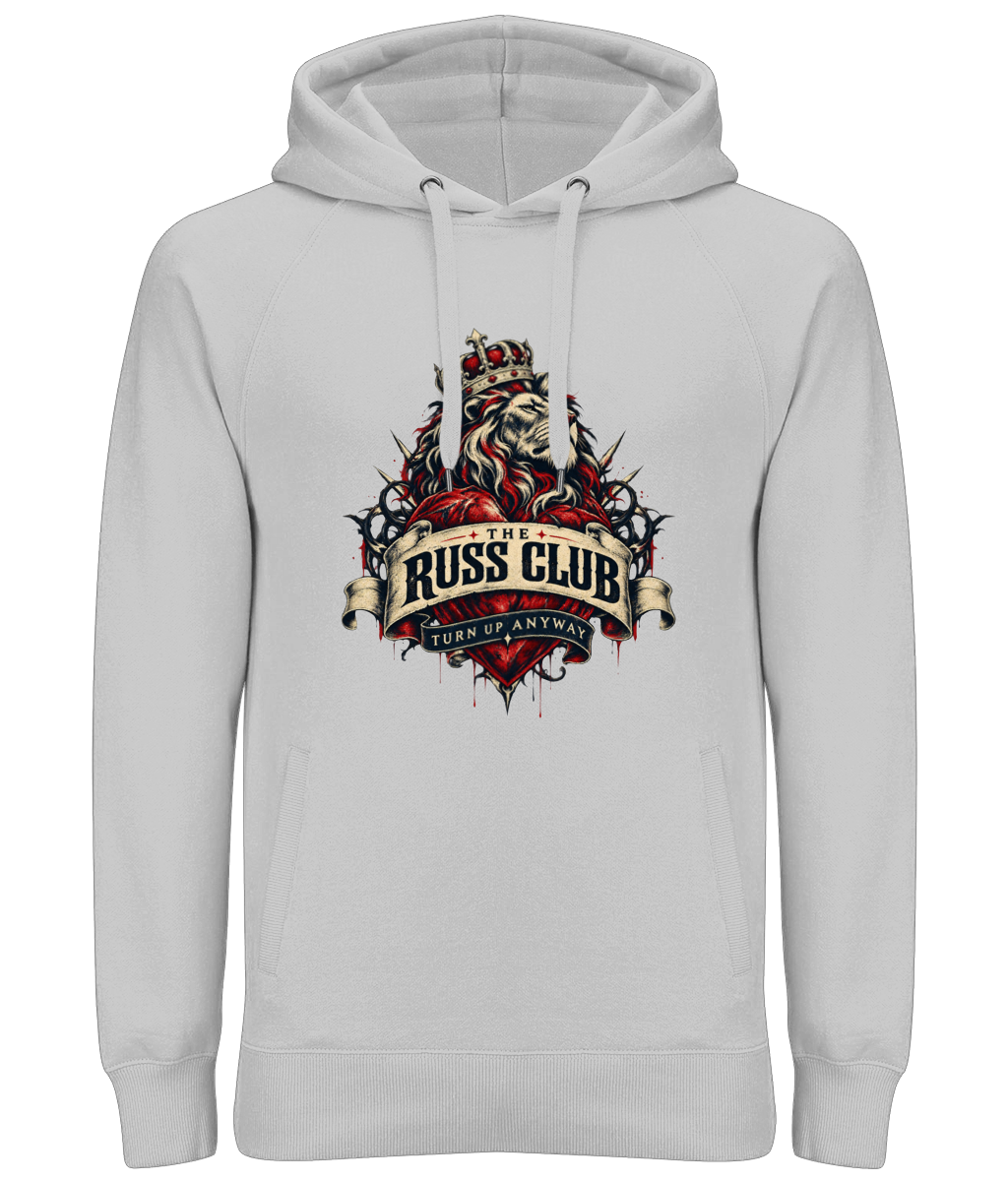 Turn Up Anyway crowned lion heavy hoodie in Heather Grey – front artwork