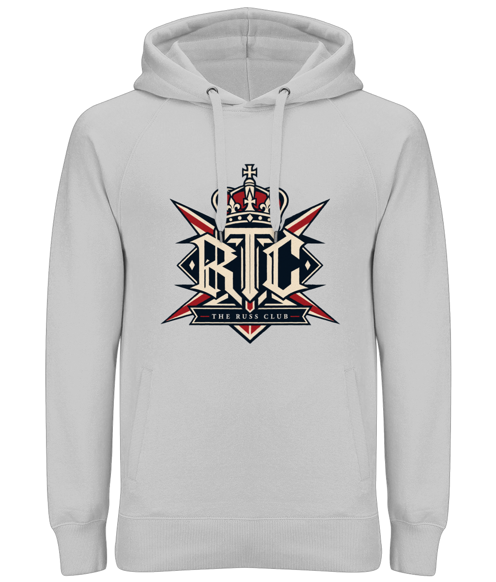 Crowned British block logo heavy hoodie in Heather Grey – front artwork