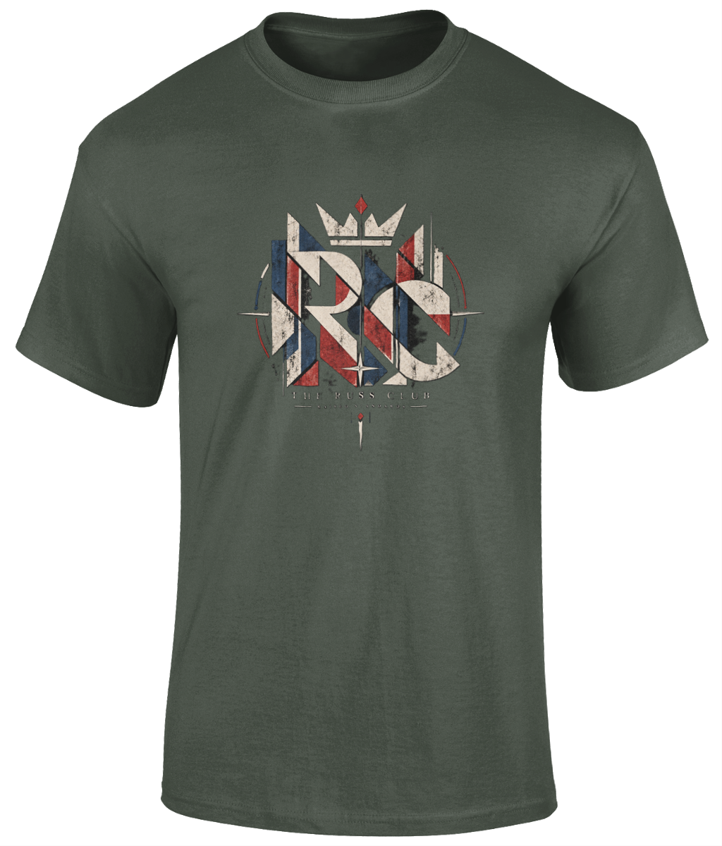 Raised Standards geometric monogram heavyweight T-shirt in Military Green – front artwork