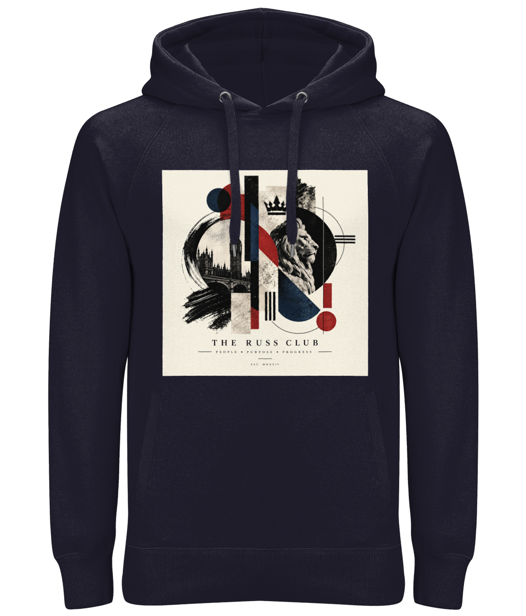 London lion and landmark collage heavy hoodie in Navy – front artwork