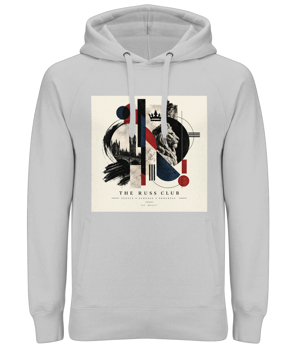 London lion and landmark collage heavy hoodie in Heather Grey – front artwork