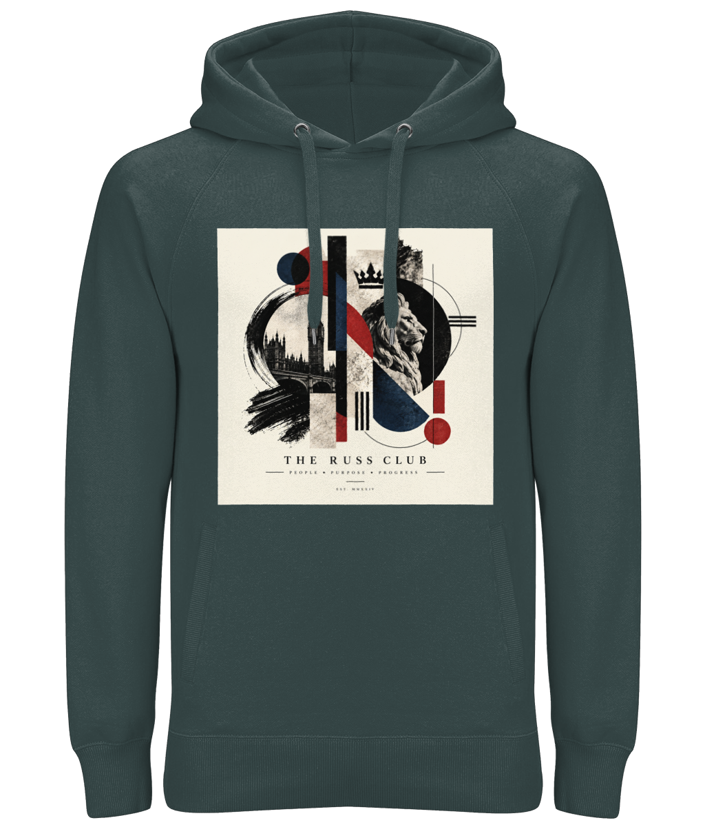London lion and landmark collage heavy hoodie in Charcoal – front artwork