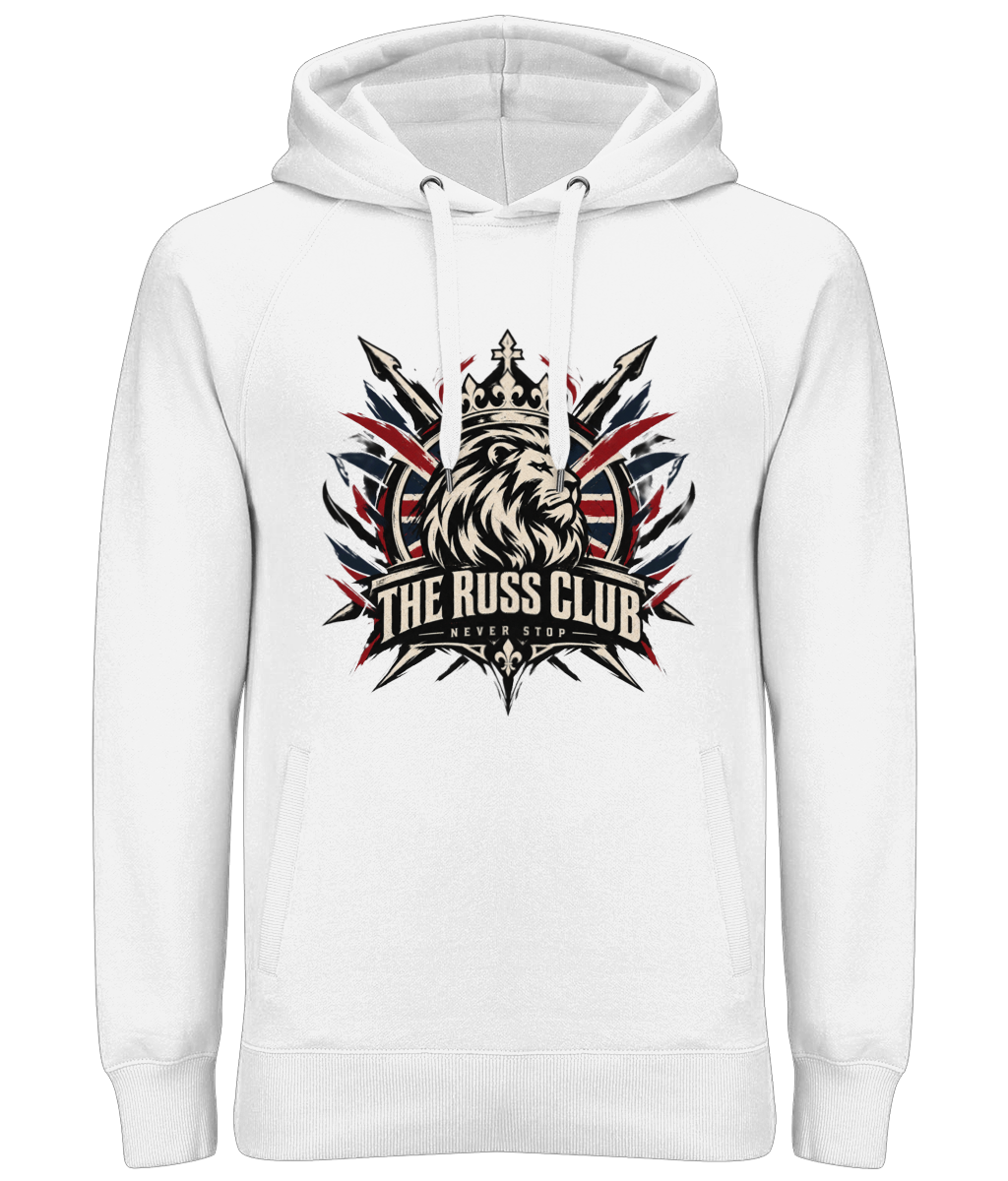 Never Stop British crowned lion heavy hoodie in White – front artwork