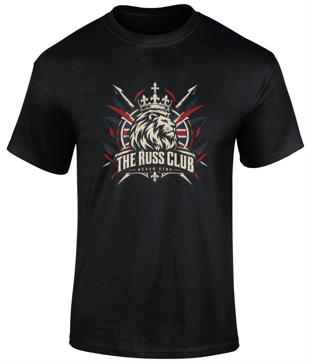 Never Stop British crowned lion heavyweight T-shirt in Black – front artwork